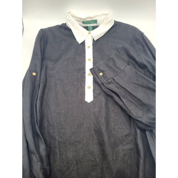 Lauren Ralph Lauren Tops - LAUREN RALPH LAUREN Women's SZ L Black Linen Blouse White Collar Gold Buttons